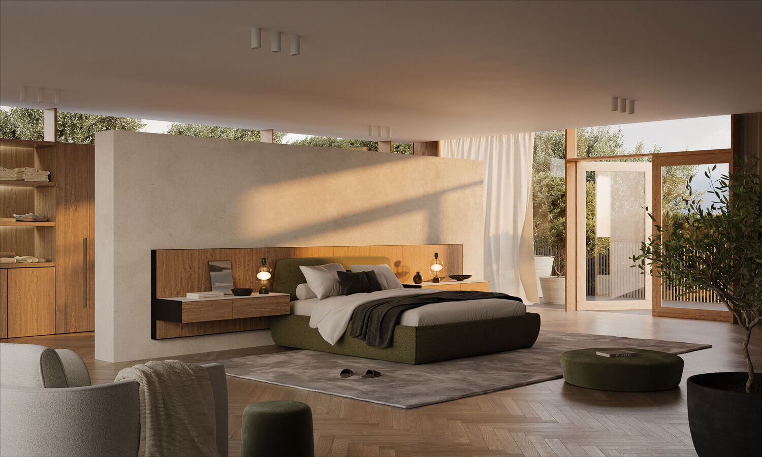 A modern bedroom with a neutral color scheme features a low-profile bed with olive green bedding and wooden headboard. The room has large windows, a cozy seating area with chairs, a rug, and a potted plant. Natural light fills the space, highlighting minimalist decor.