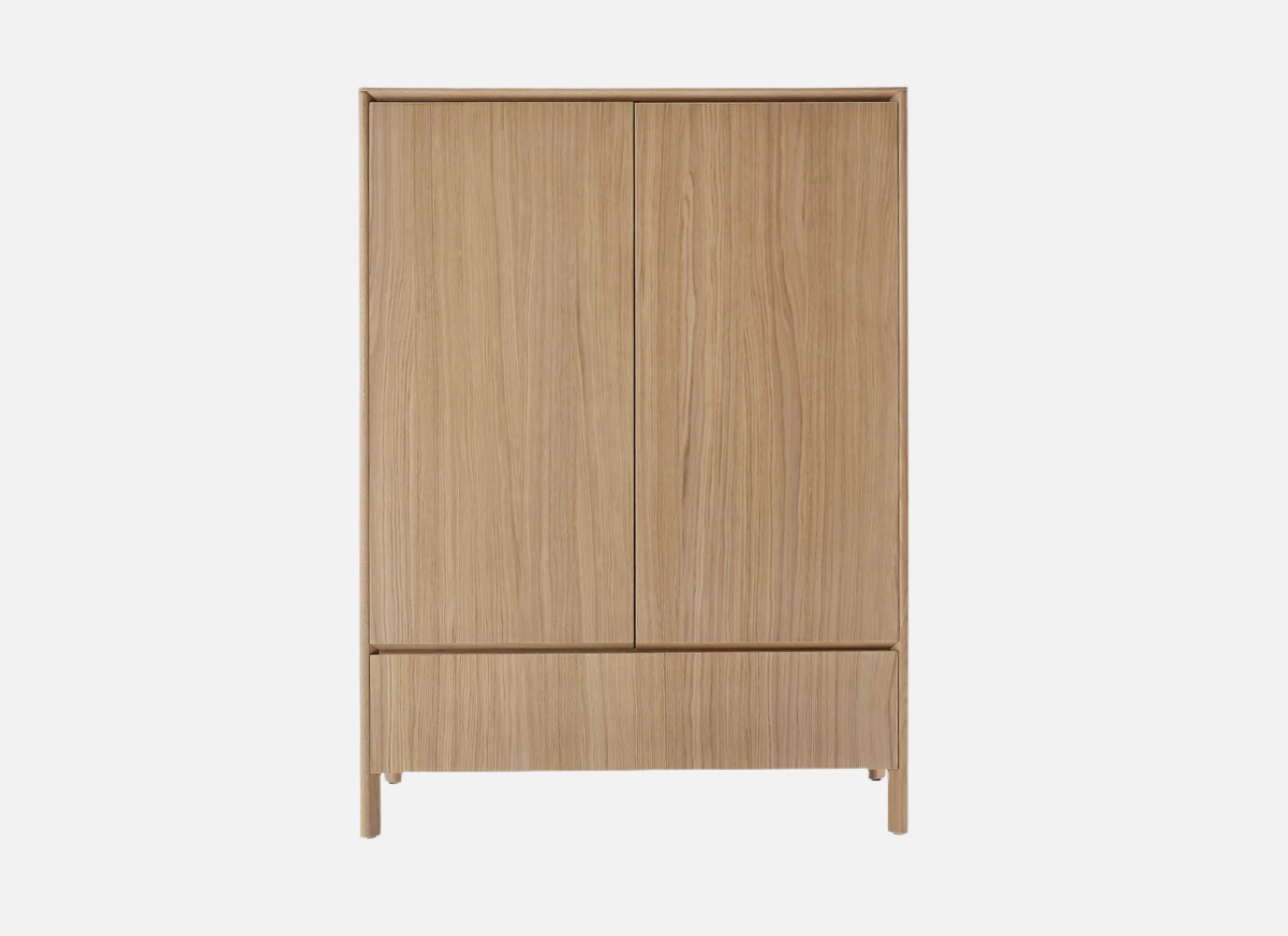 A wooden wardrobe with two large vertical doors and a bottom drawer, featuring a light natural wood finish and a simple, minimalist design.