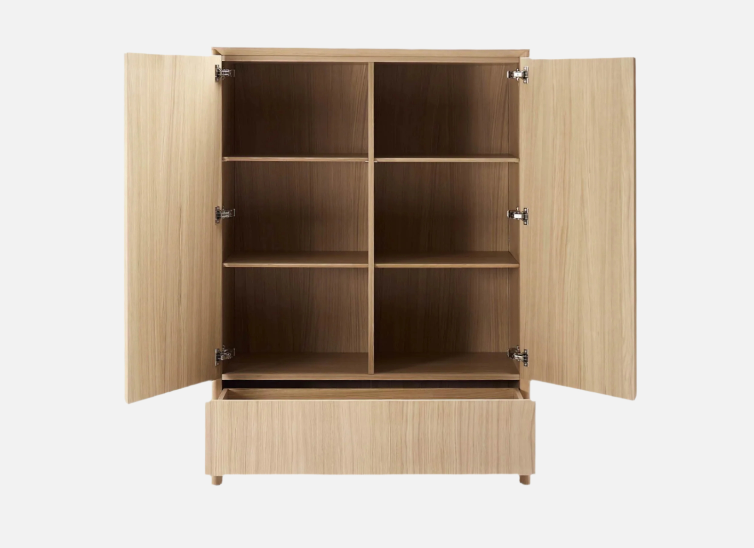 A wooden cabinet with two open doors, revealing six shelves inside and a large drawer at the bottom, set against a plain white background.