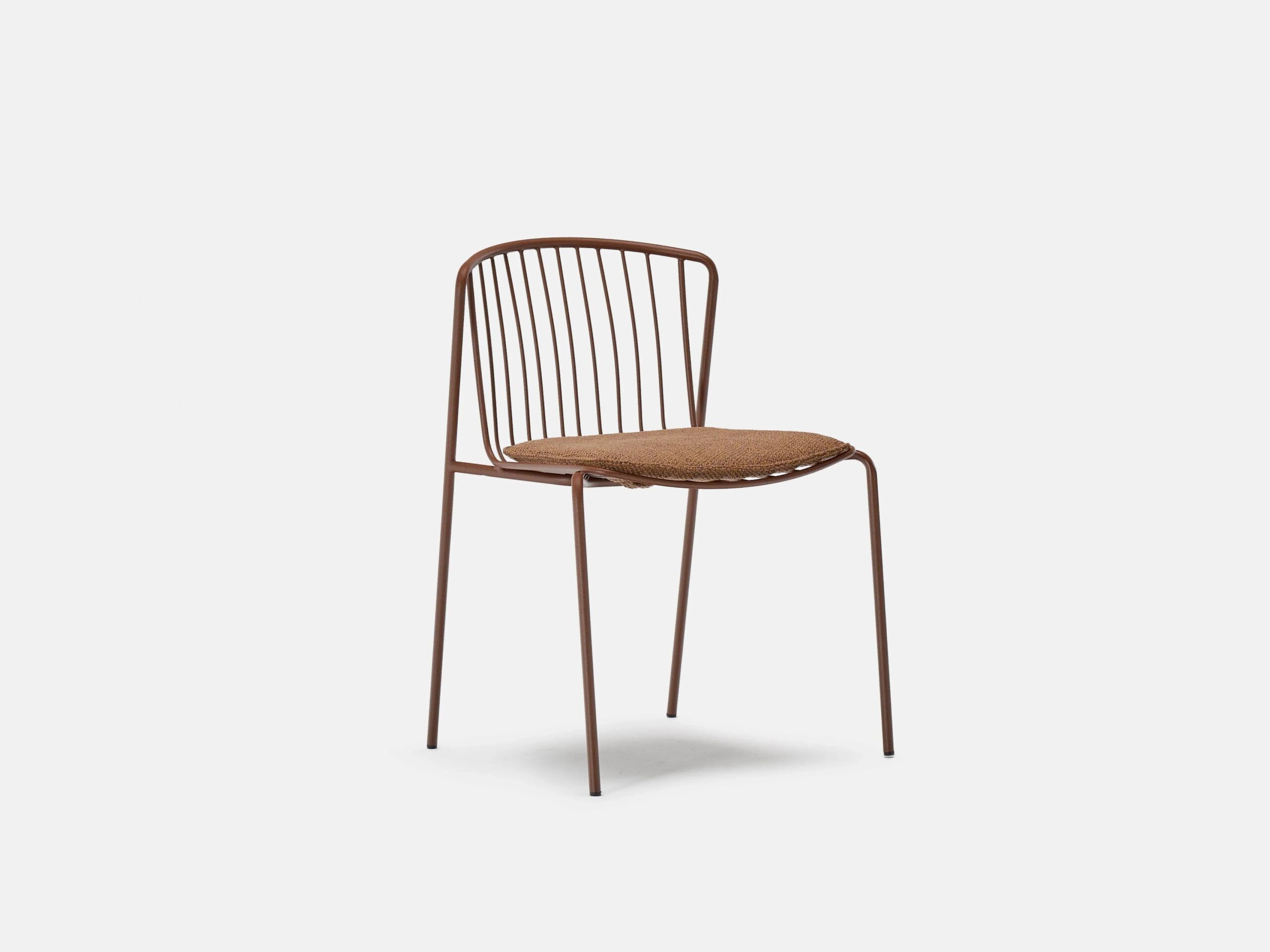A minimalist brown metal chair with a curved backrest made of vertical rods and a woven brown seat, shown against a plain white background.