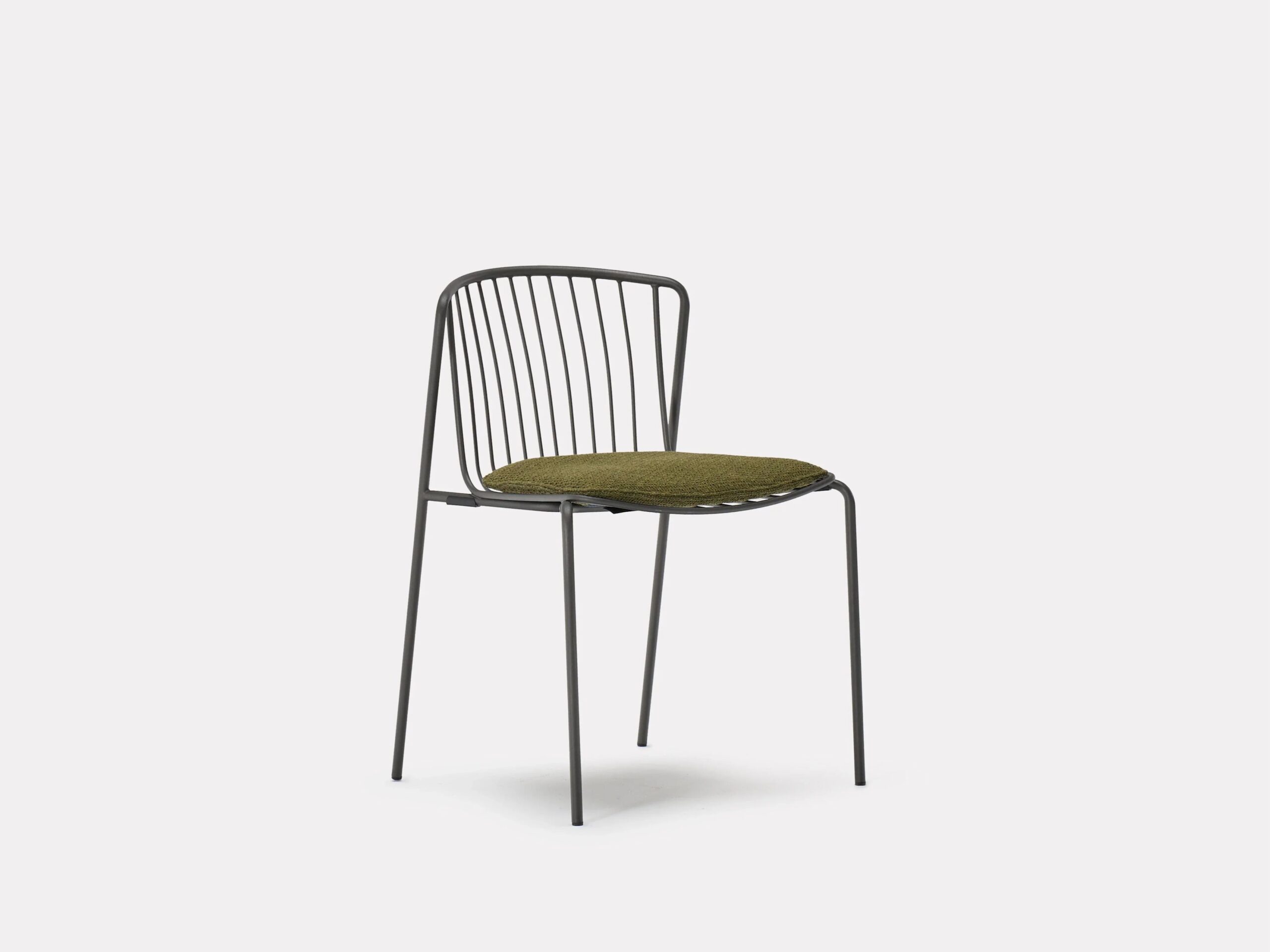 A modern chair with a black metal frame, thin wire backrest, and four legs. The seat has an olive green upholstered cushion. The background is plain white.