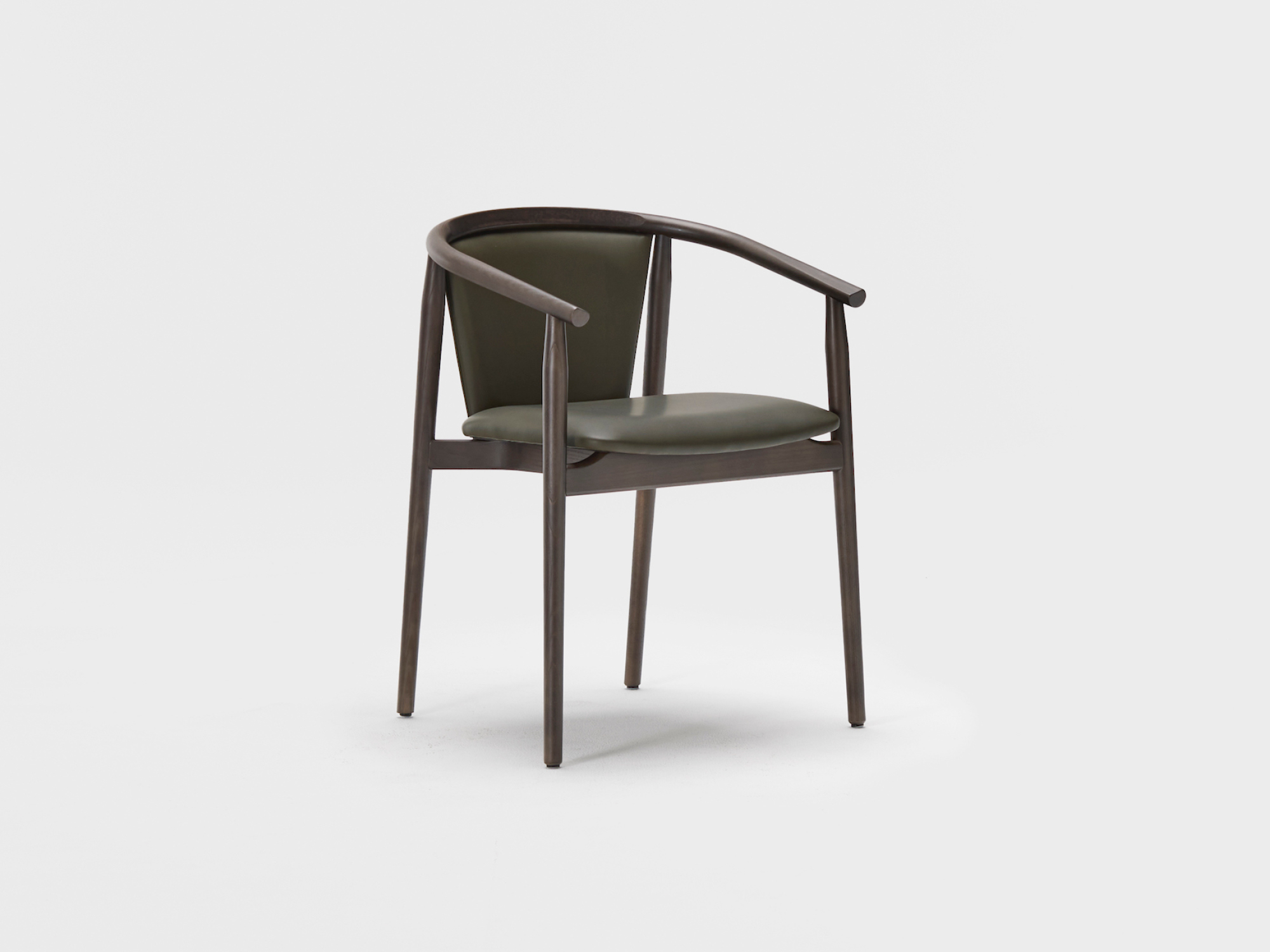 Modern timber furniture chair with a curved backrest and armrests, featuring a dark green cushioned seat and back. This minimalist piece is set against a plain white background.