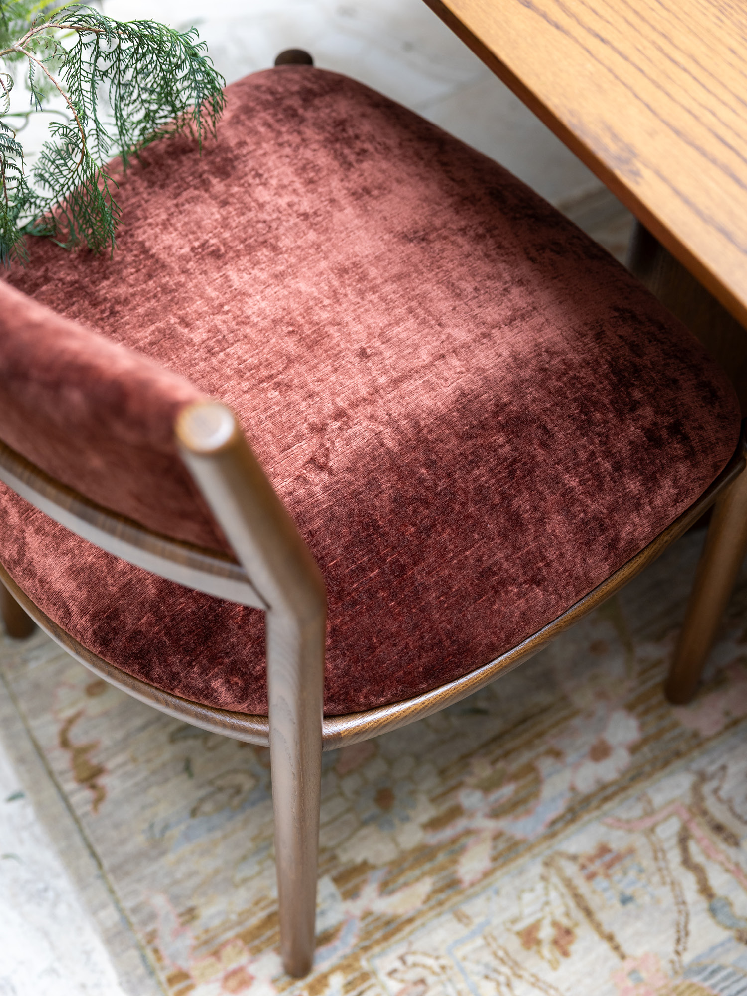 A close-up, top-down view of a wooden chair with a plush burgundy velvet seat and backrest next to a wooden table, partially over a patterned rug. A green leafy plant hangs into the frame from the upper left corner.