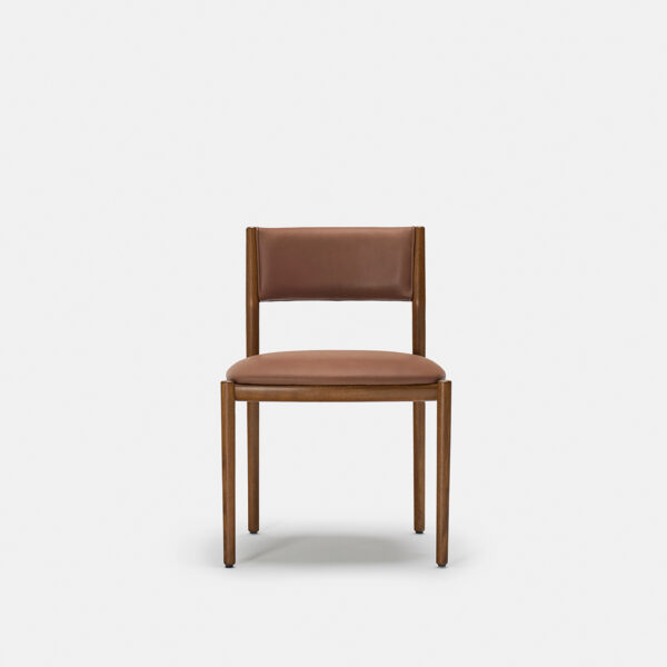 A wooden chair with a brown leather upholstered seat and backrest, displayed against a plain white background. The design is simple and modern with clean lines.