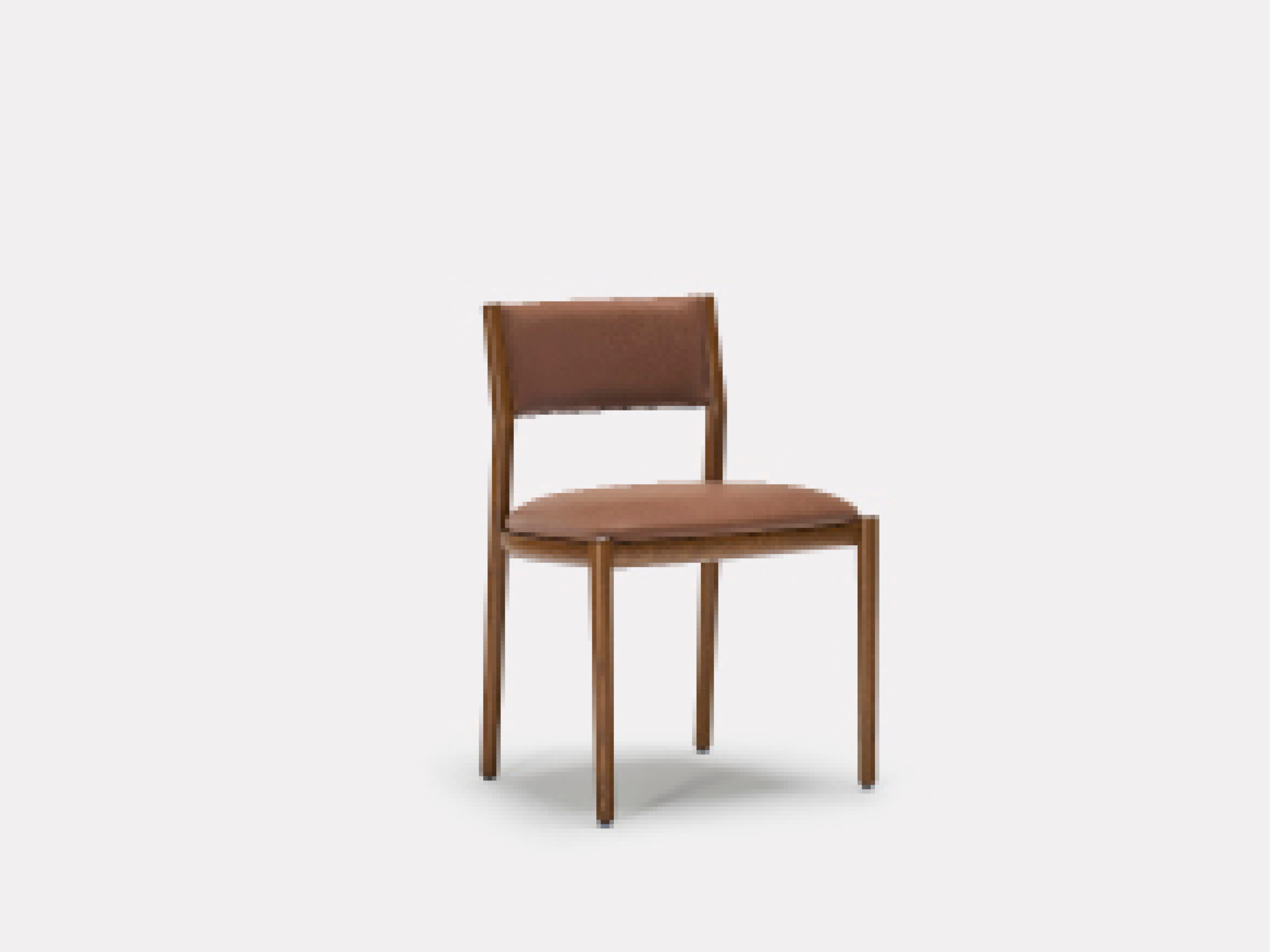 A modern wooden chair with a brown cushioned seat and backrest, set against a plain light background.
