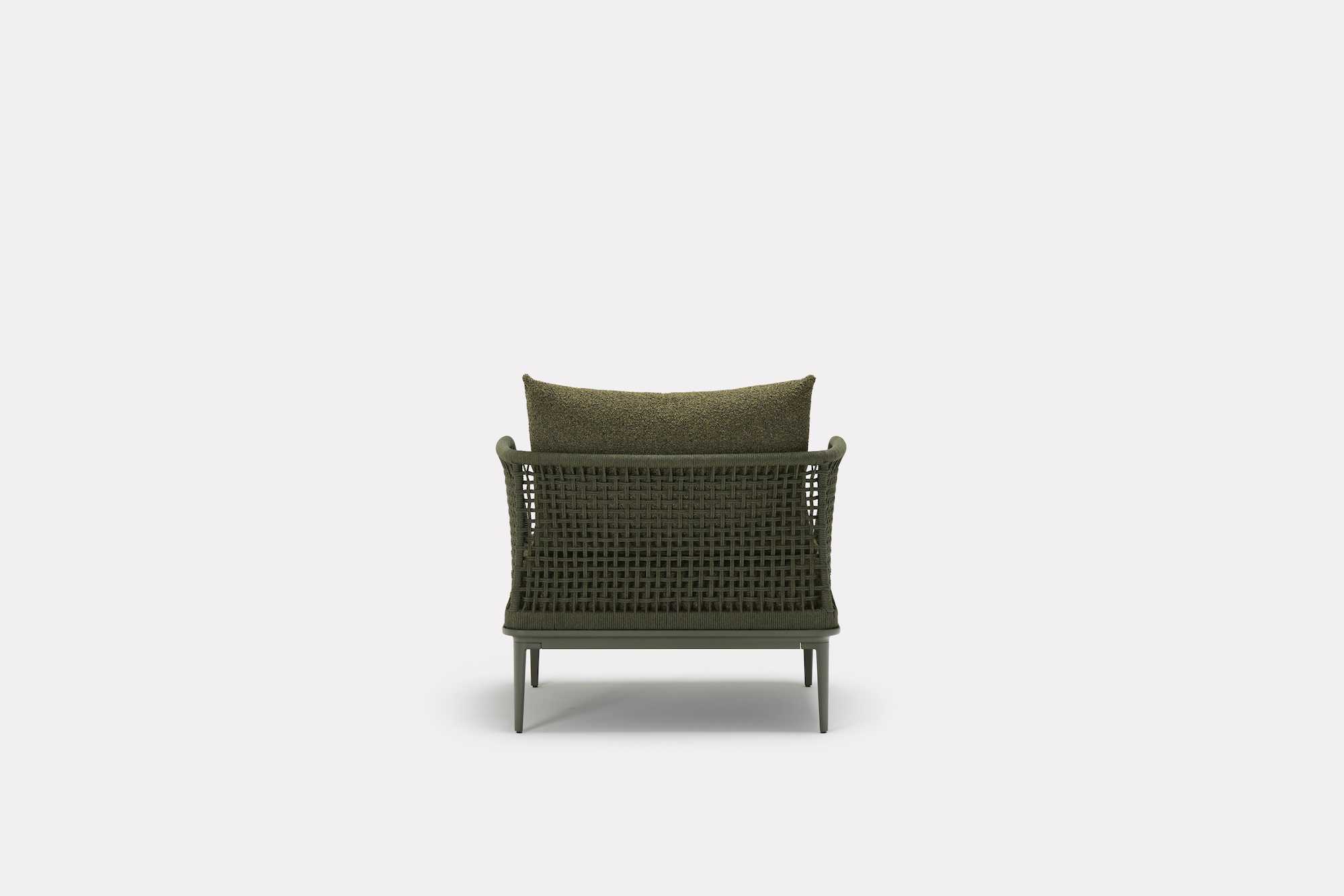 A modern green lounge chair with a woven backrest and a matching cushion, viewed from directly behind against a plain white background.