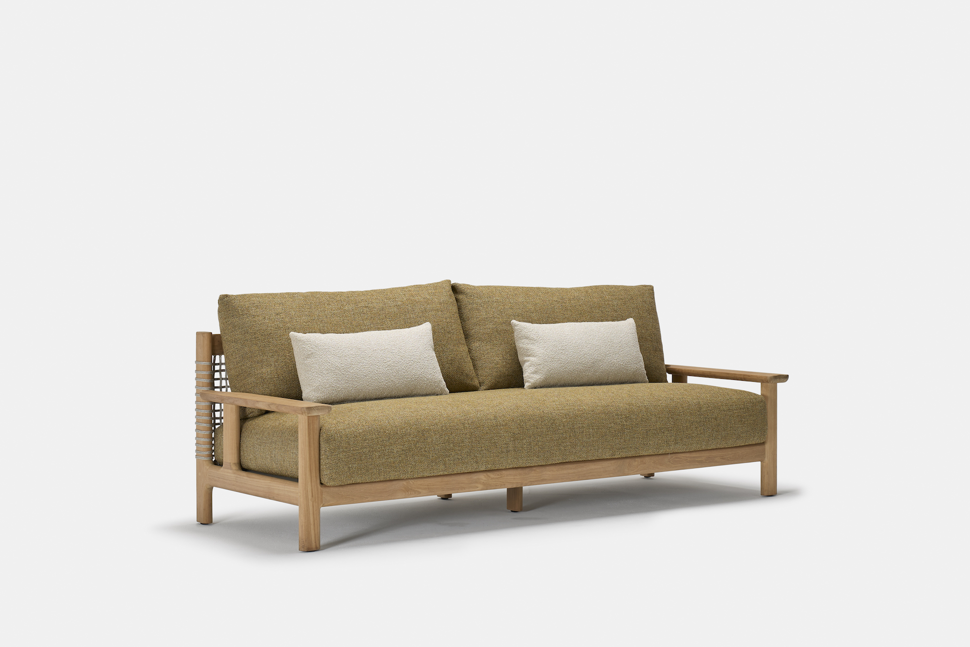 A modern wooden-framed sofa with mustard yellow cushions and two light beige accent pillows, set against a plain white background.