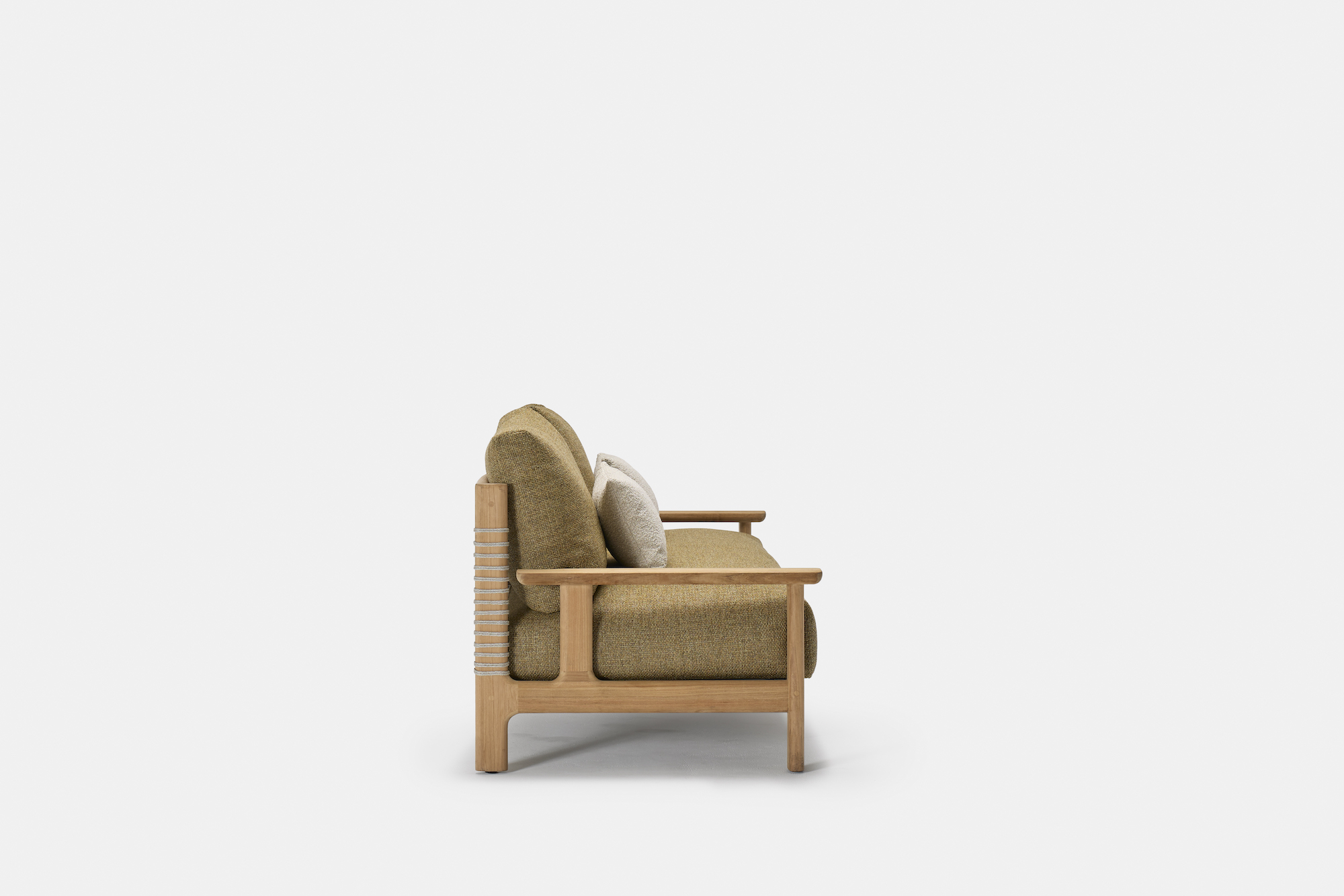 Side view of a wooden-framed sofa with olive-green cushions and a single light-colored throw pillow, set against a plain white background.