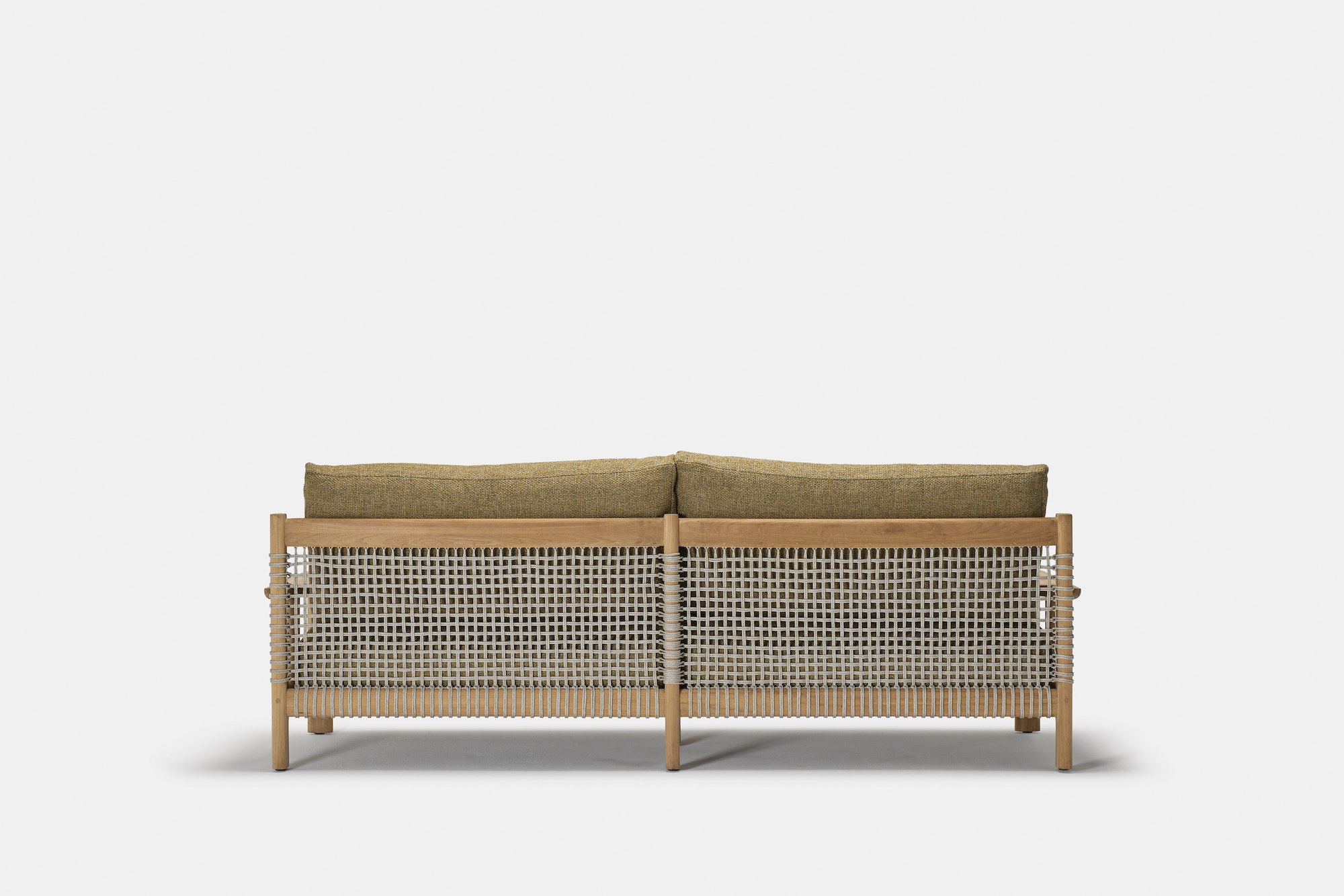 A modern two-seater sofa with a light wooden frame, woven back panel, and two mustard yellow seat cushions, viewed from the back against a plain white background.