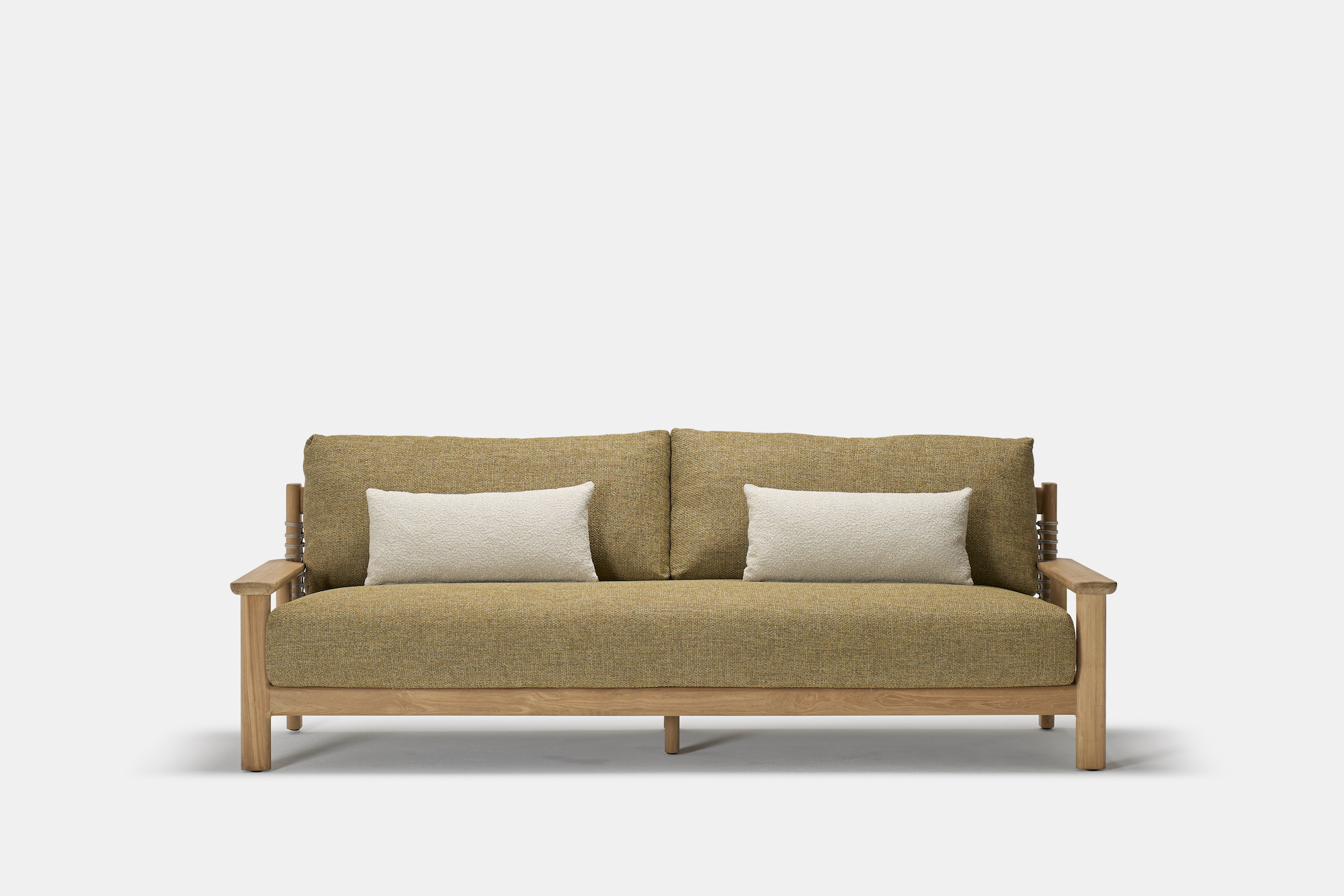 A modern wooden-framed sofa with olive-green cushions and two white rectangular throw pillows, set against a plain white background.