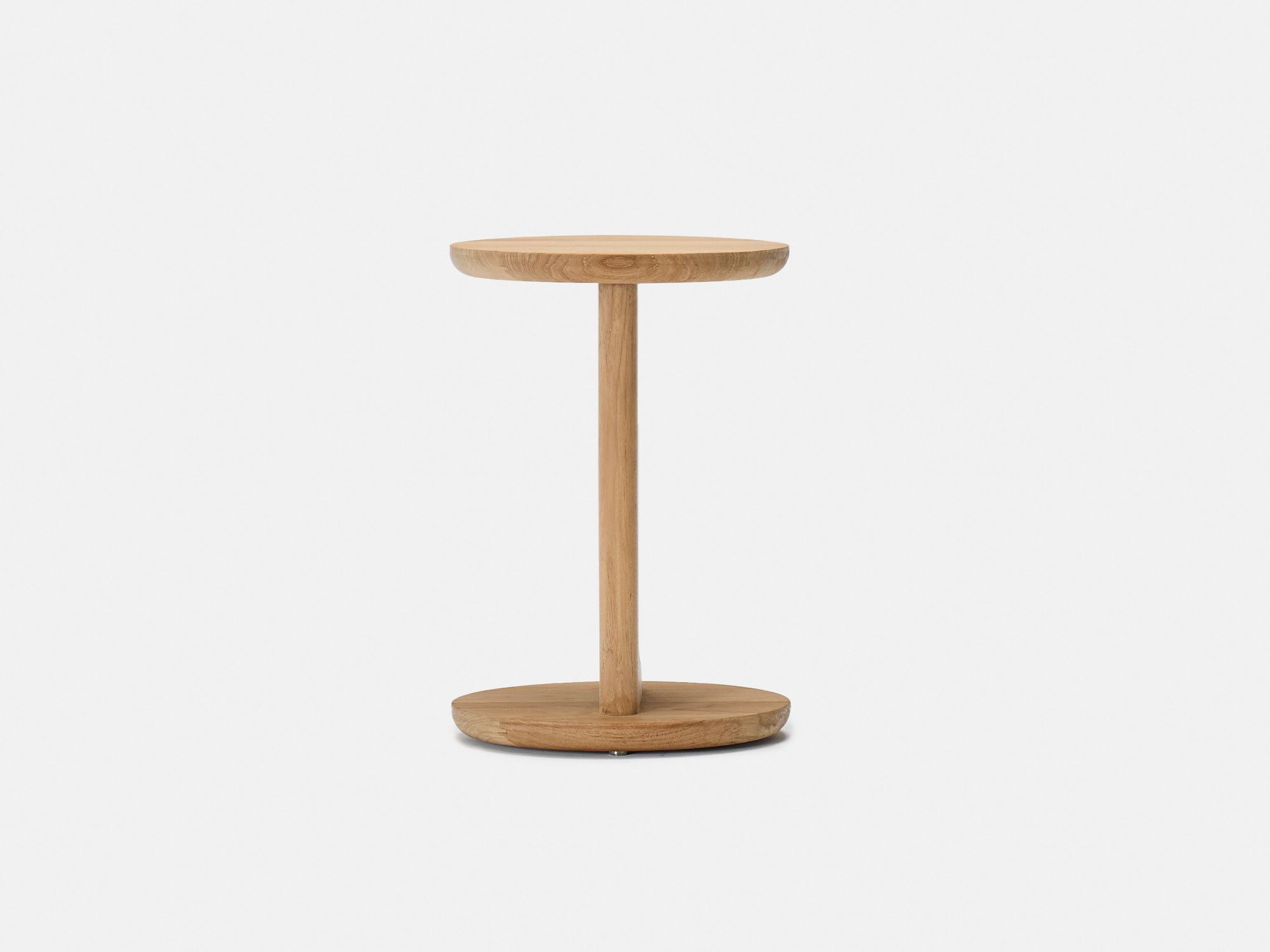 A small, round wooden side table with a simple design, featuring a circular top, a single central support, and a matching circular base. The background is plain white.