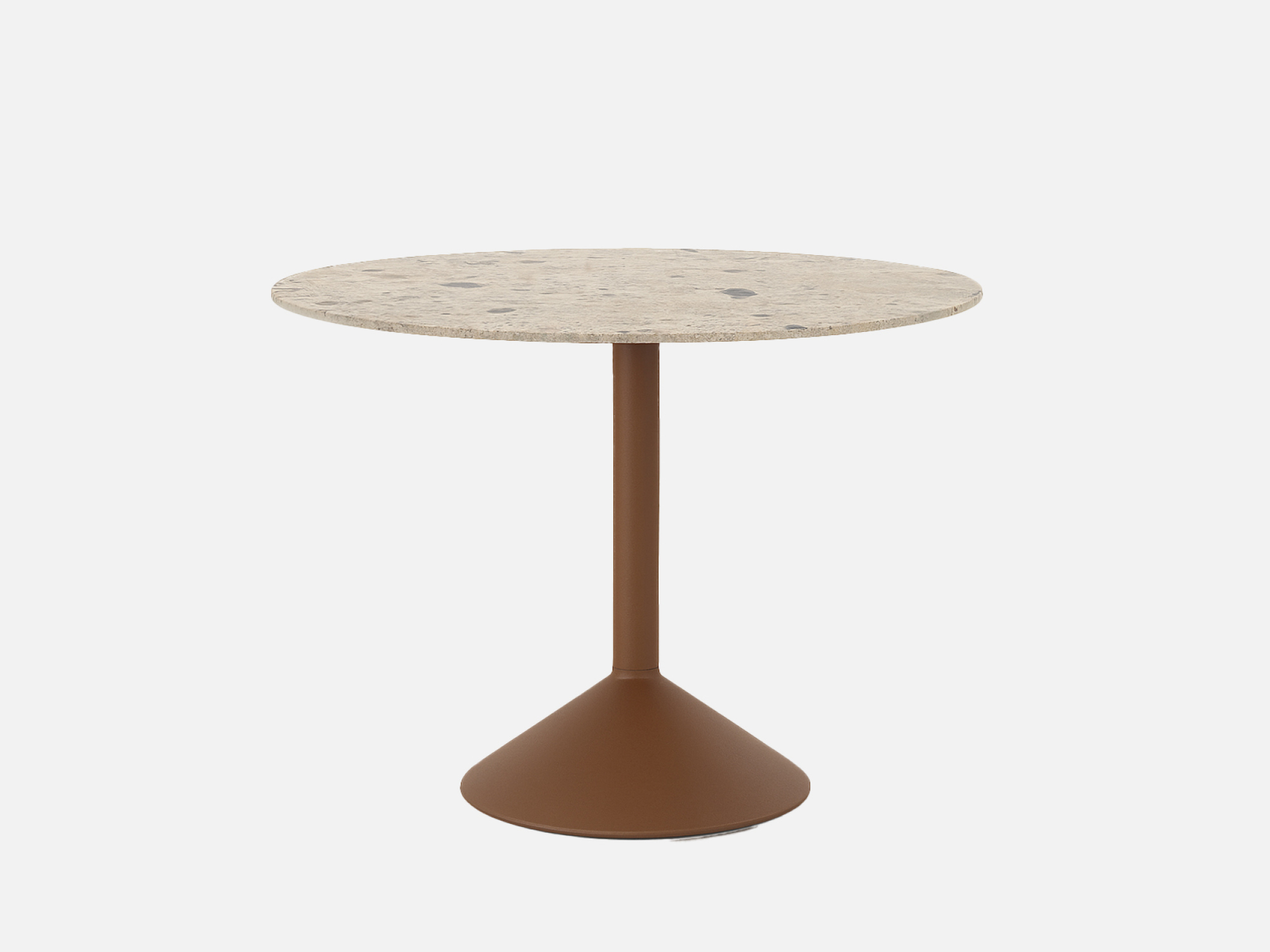 A round table with a speckled stone top and a single brown, cone-shaped pedestal base, set against a plain white background.