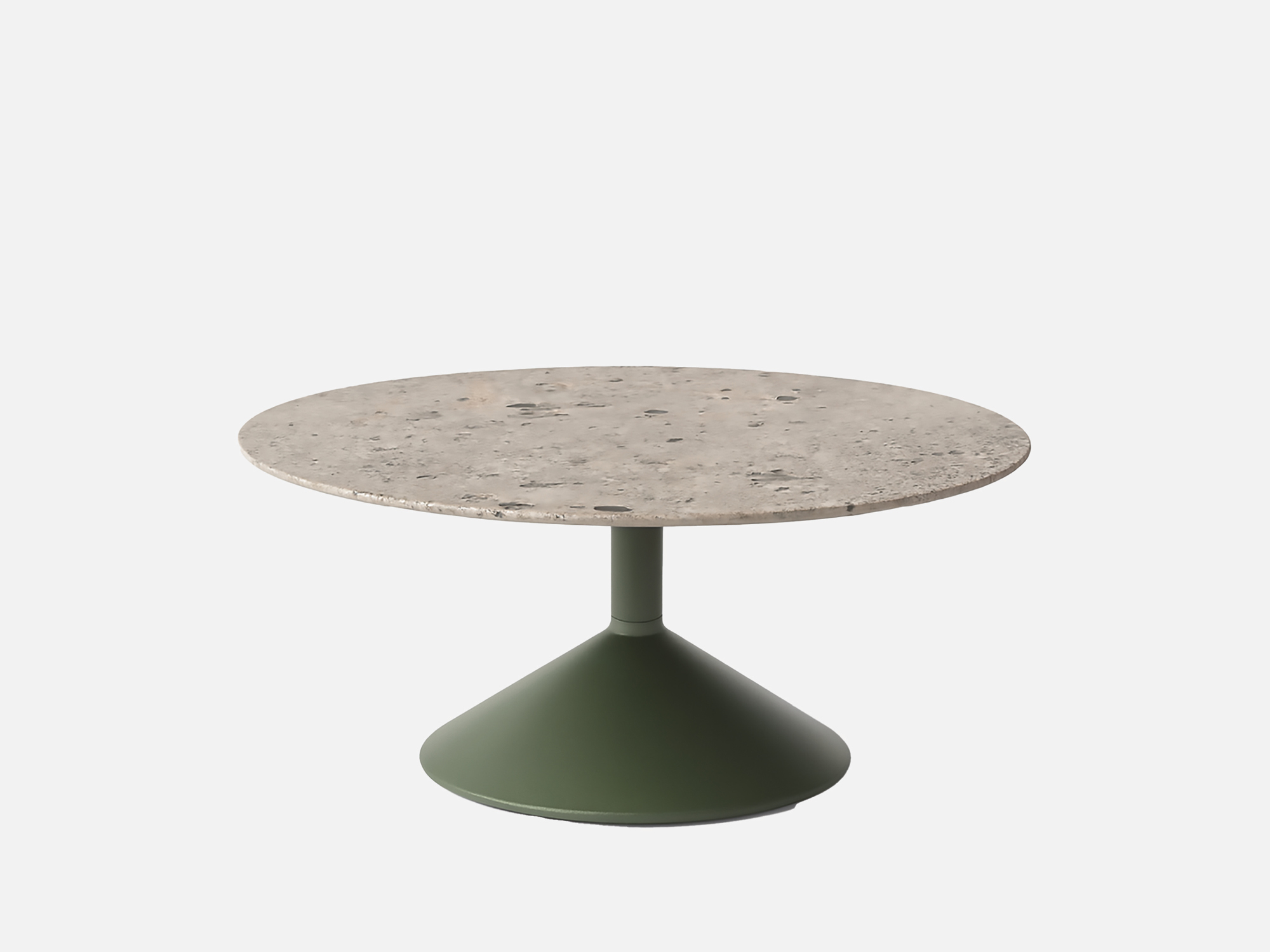 A round table with a light stone top and a green, cone-shaped pedestal base, set against a plain white background.