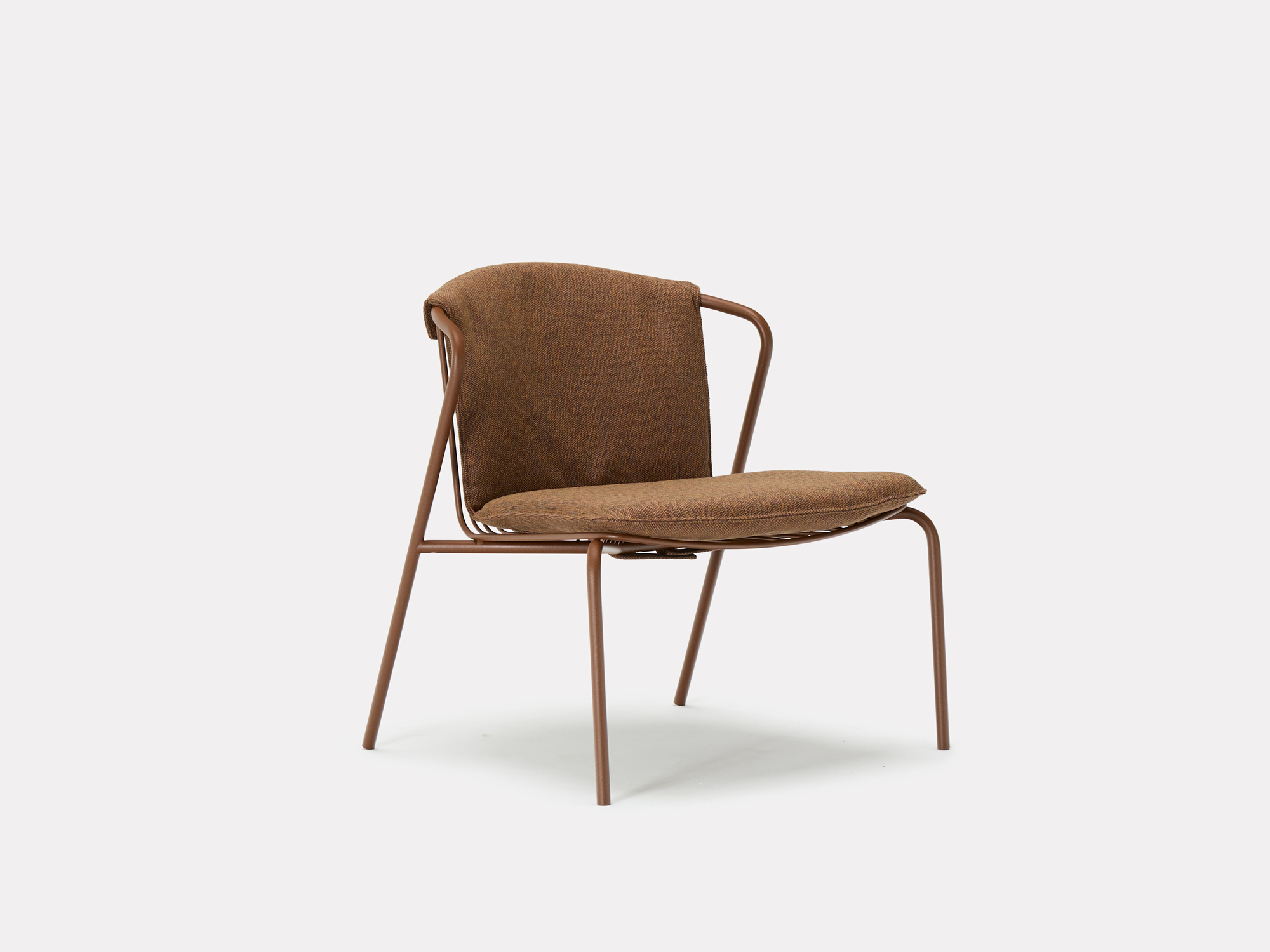 A modern chair with a brown metal frame, featuring a cushioned seat and curved backrest upholstered in brown fabric, set against a plain white background.