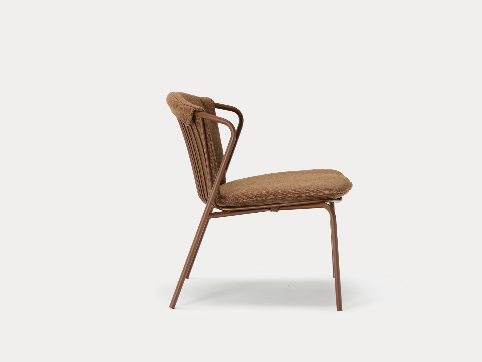 Side view of a modern chair with a brown metal frame and a cushioned brown seat and backrest, against a plain white background.