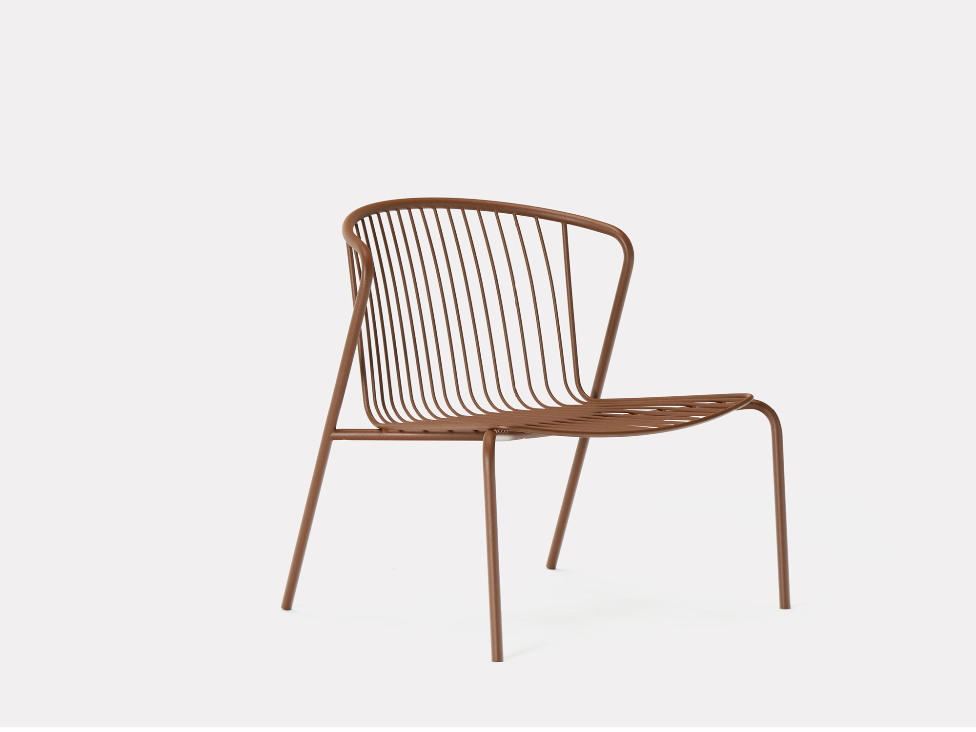 A modern brown metal chair with a curved backrest and vertical wire design, set against a plain white background. The chair has thin legs and a minimalist, open-frame style.
