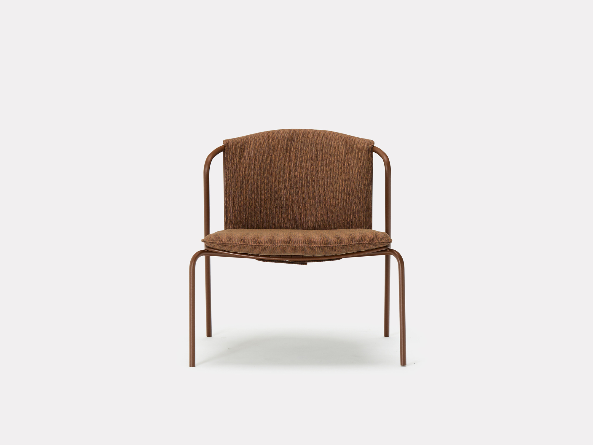 A modern chair with thin metal legs and frame, featuring a brown cushioned seat and backrest, set against a plain white background.