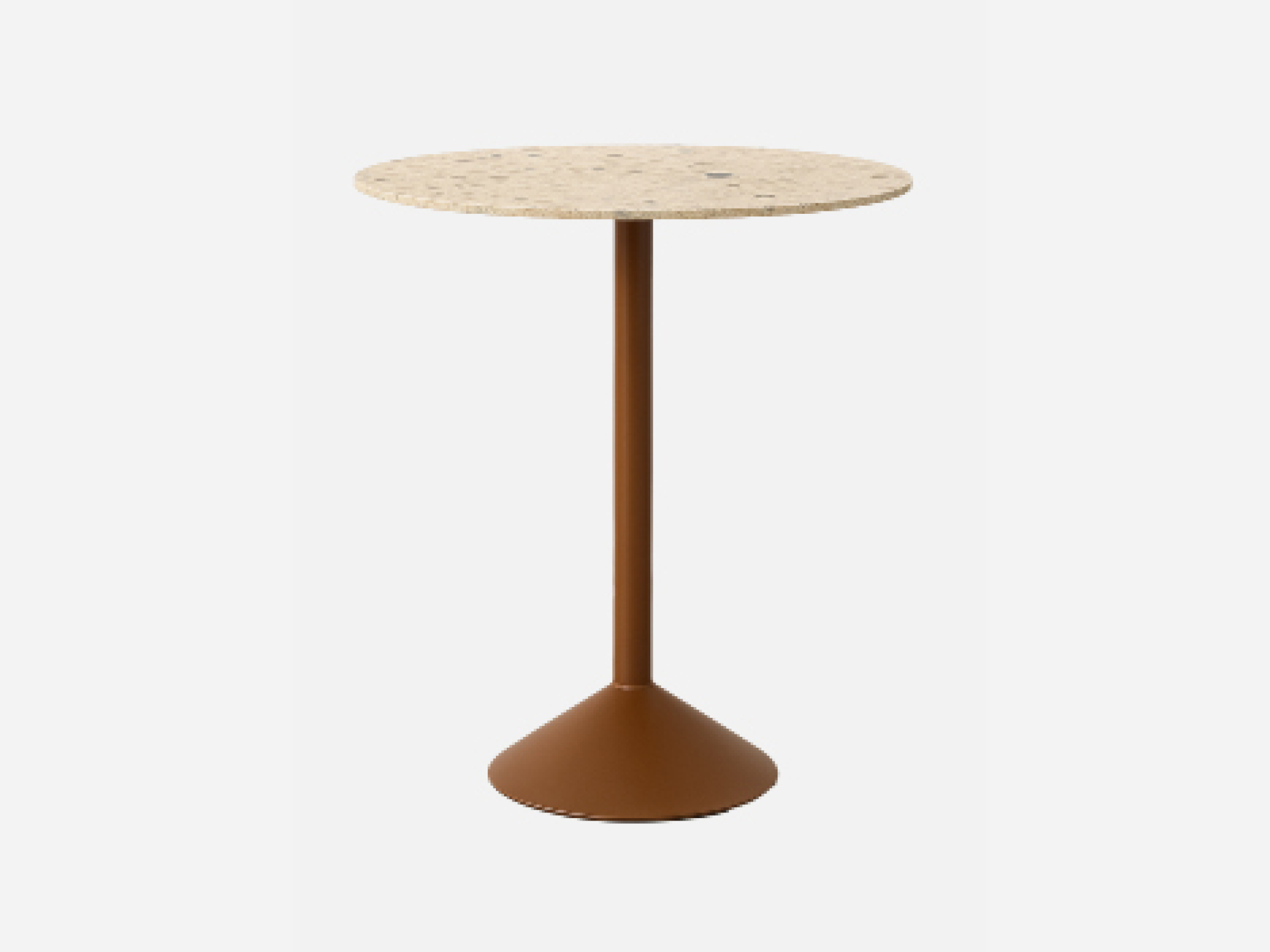 A small round table with a light-colored speckled top and a single central brown metal pedestal base that flares out at the bottom. The background is plain white.