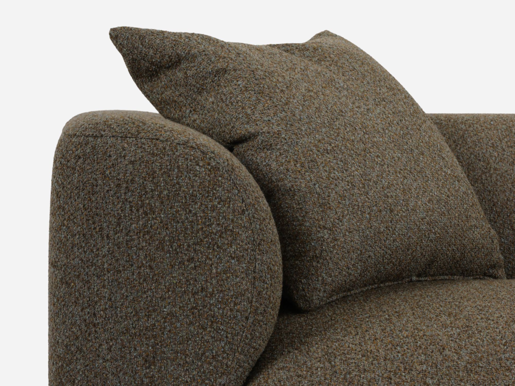 Close-up of the top left corner of a modern brown textured fabric sofa with a matching cushion resting against the armrest. The background is plain white.