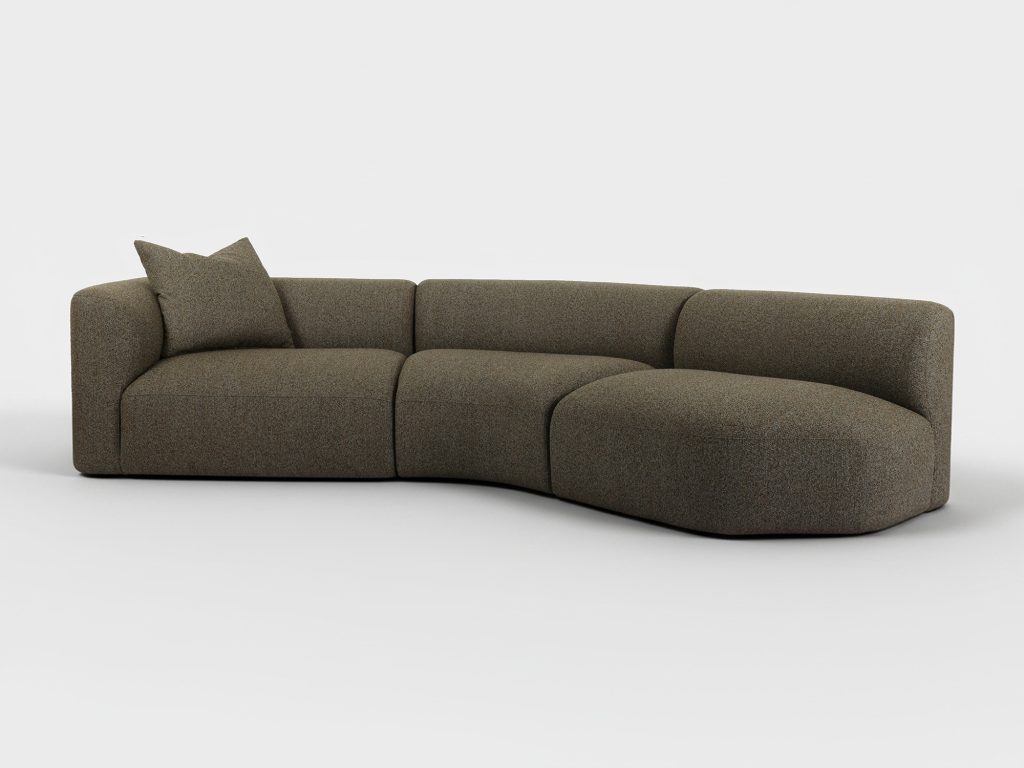 Curved, modern sectional sofa upholstered in olive green fabric with a single matching cushion, set against a plain white background.