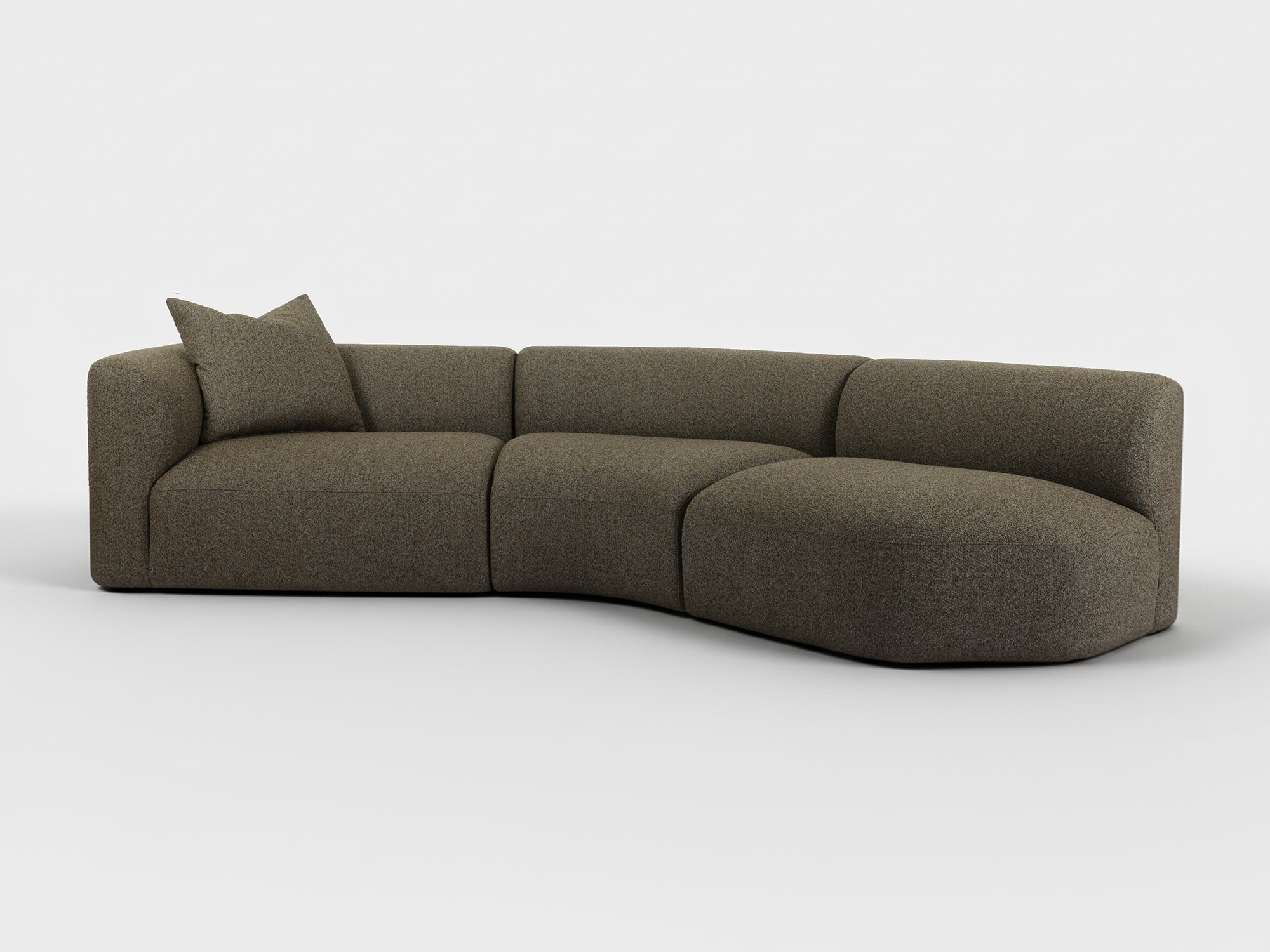 Curved, modern sectional sofa upholstered in olive green fabric with a single matching cushion, set against a plain white background.