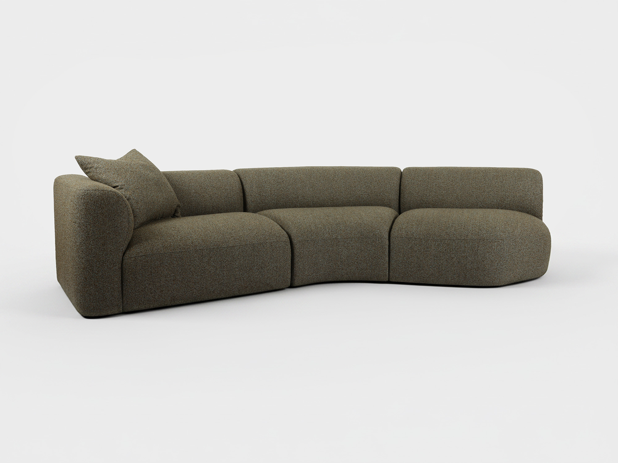 A modern, L-shaped sectional sofa with a textured brown fabric and a single matching pillow, set against a plain white background.